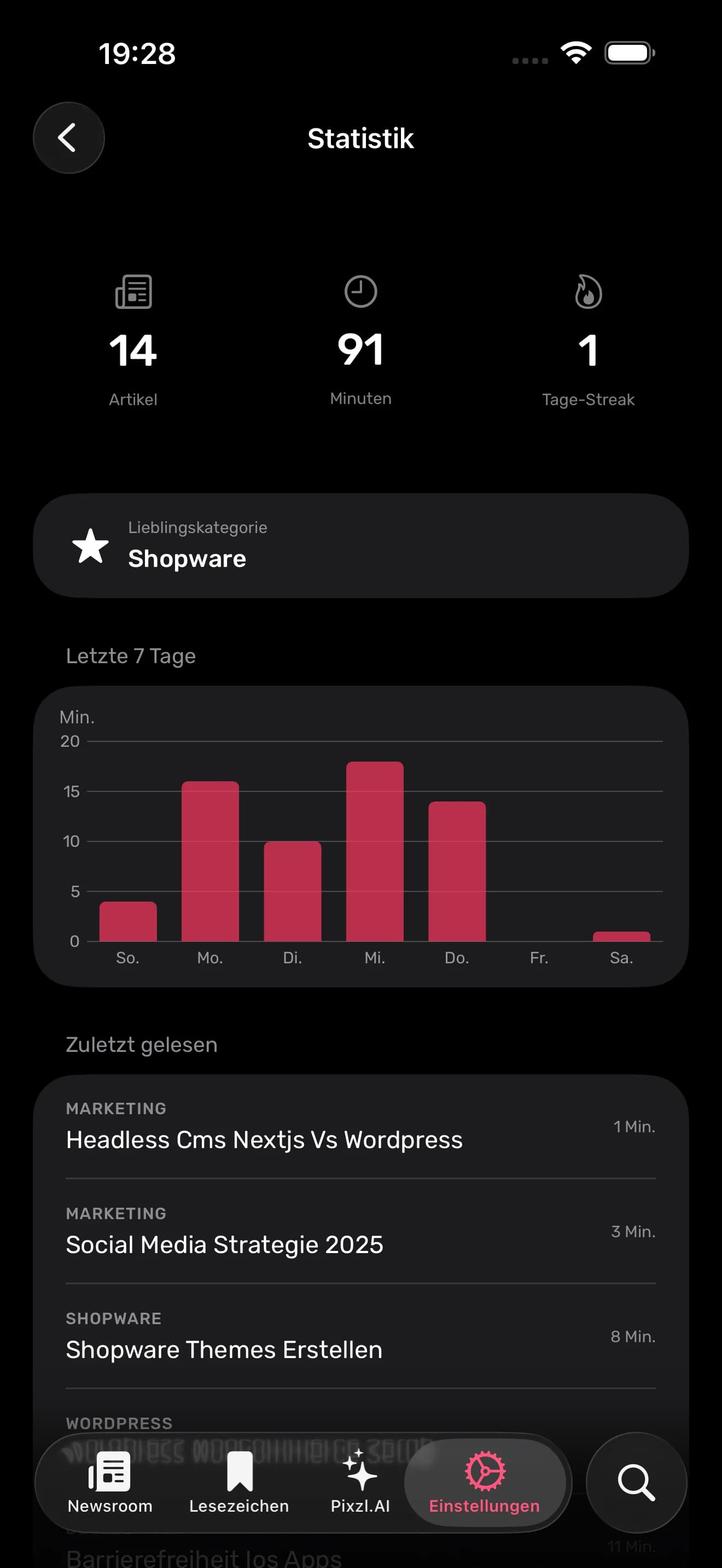 Pixzl App – Einstellungen