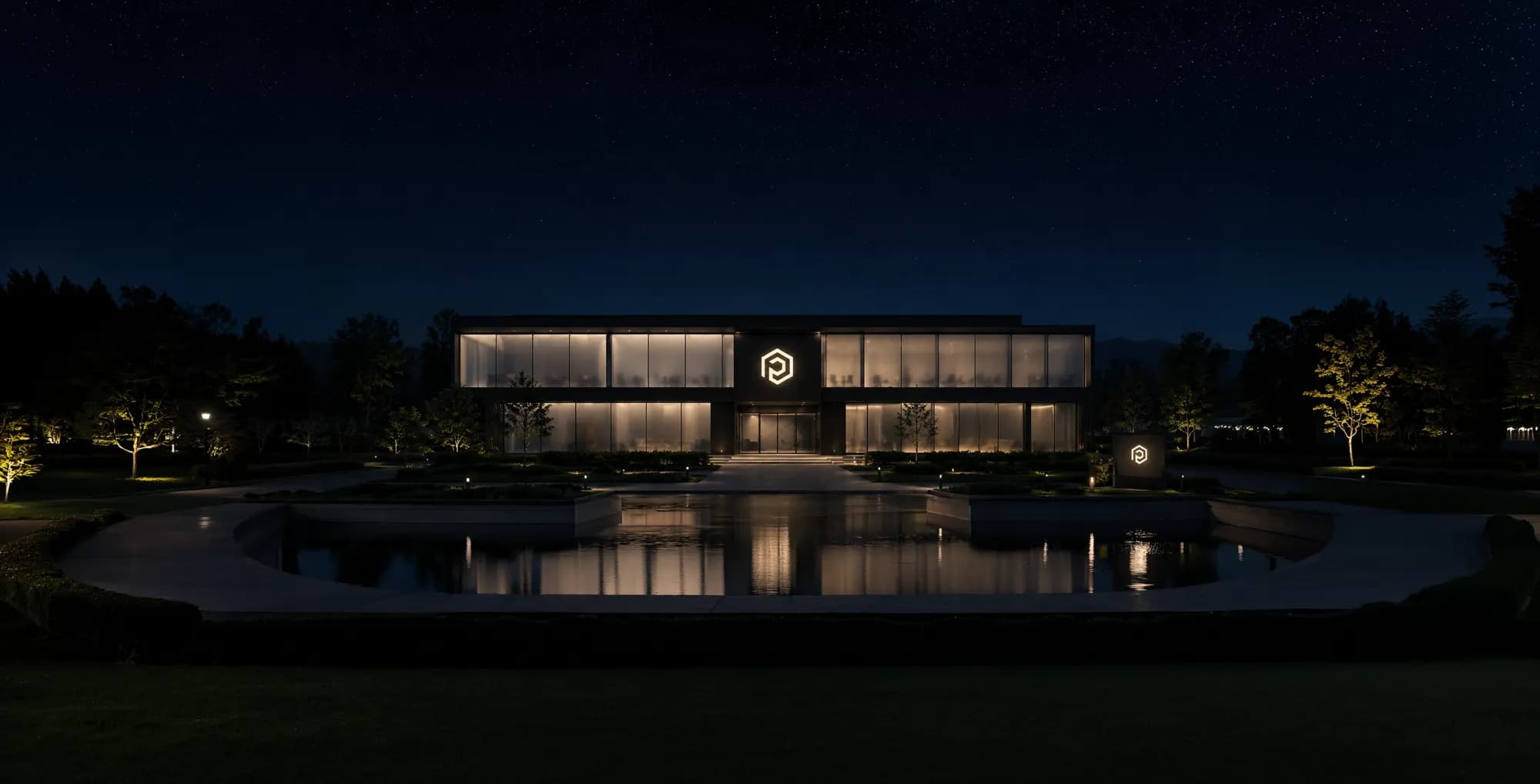 Pixzl Headquarter bei Nacht mit beleuchtetem Logo