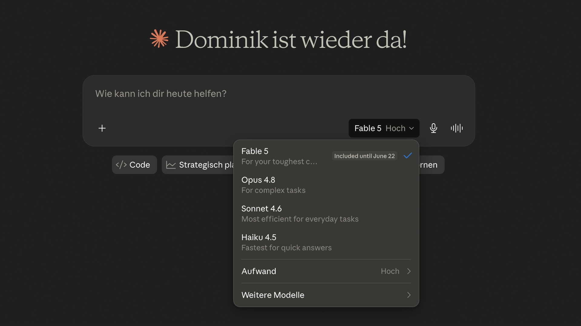 Modell-Auswahl in der Claude-App mit Claude Fable 5 als oberstem, ausgewähltem Eintrag über Opus 4.8, Sonnet 4.6 und Haiku 4.5, dazu die Effort-Stufe „Hoch